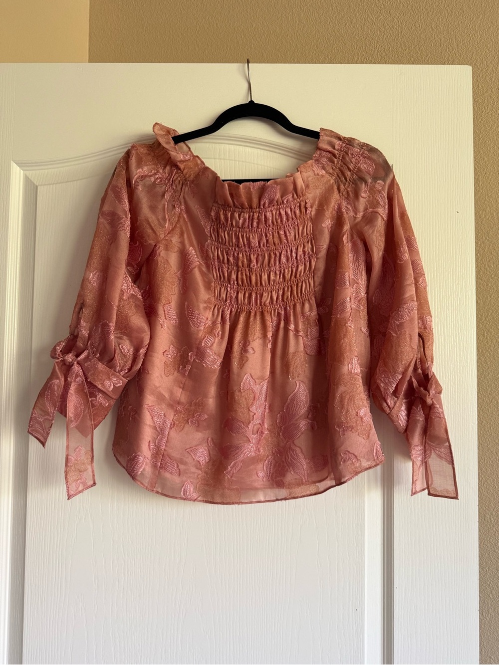 Rebecca Taylor Rose-Pink Floral Smocked Peasant Blouse